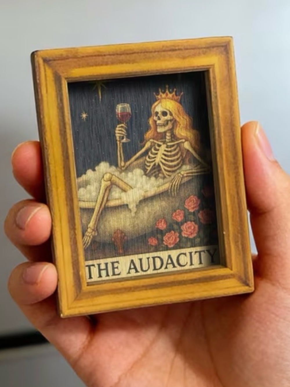 Gold Ornate Frame Queen Skeleton in Bath Wooden Magnet☠️👑👸🍷